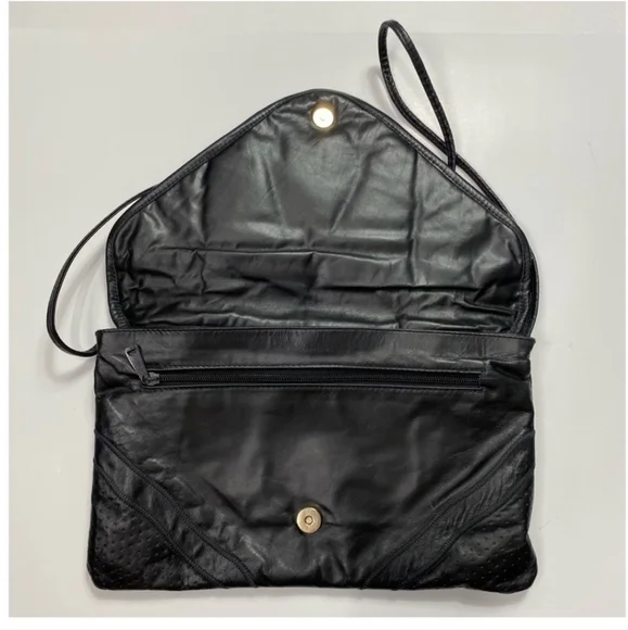 Vintage 70s Leather & Snakeskin Envelope Handbag Black Perforated Velvet Lined - Picture 7 of 14
